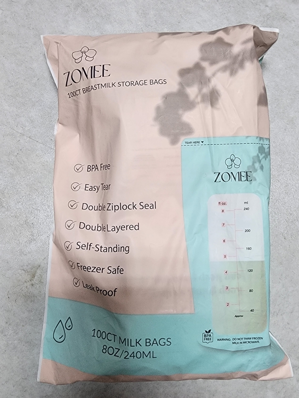 Zomee Breast Milk Storage Bags Pack of 100 Breastmilk Pumping Self-Standing